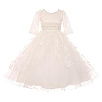 Elegant 3/4 Sleeve Sequin Lace Tea Length Communion Dress
