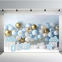 MEHOFOND Baby Blue and Gold Boy One Birthday Photo Studio Portrait Backdrop Props for Cake Smash Balloons Cloud Stars Happy 1st Birthday Party Decor Photography Background Banner