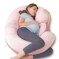 QUEEN ROSE E Shaped Pregnancy Pillows for Sleeping, Detachable Body Pillow for Pregnant Side Sleeper, Pink Bubble Velvet, 60in