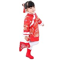 Fleece Baby Girls Dress Coat Children Outfits Tang Suit Red Peony Down Jacket