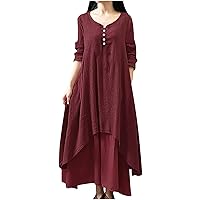 Womens Cotton Linen High-Low Dress Half Sleeve Crewneck Button Maxi Dress Summer Casual Loose Dressy Shirt Dresses