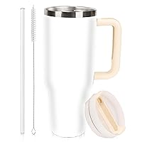 40oz Tumbler with Handle, Stainless Steel Vacuum Insulated Tumbler with Lid and Straw, Reusable Leakproof Large Capacity Car Water Bottle Travel Mug (White, 40OZ)