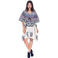 Indian 100% Cotton Women Cocktail Dress Multi Color Kaftan Kimono Sleeve Hippie Boho Elephant Print