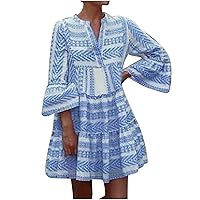 Women's Summer V Neck Casual Dresses 3/4 Sleeve Geometric Print Mini Dresses Ruffles Hem Loose Swing Short Dress