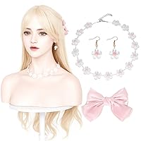Big Pink Bow Hair Clip+Flower Necklace+Earrings Girls Costume Dress Up Accessories for Girls Women Barb-e Cosplay(Not Wig)