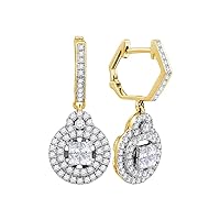 14kt Yellow Gold Womens Princess Diamond Double Circle Frame Dangle Earrings 1.00 Cttw