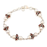 NOVICA Handmade Garnet Cultured Pearl Link Bracelet Sterling Silver India Gemstone Birthstone [7.5 in min L x 8.5 in max L x 0.4 in W] 'Radiant in Red'