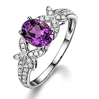 Unique Fashion 1.5 ct Brazilian Amethyst Real Diamond 14K Solid Gold Wedding Promise Ring for Women