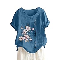 Women's Comfy Fashion Casual Tops 2023 Summer Round Neck Loose Tees Blouse Short Sleeve Flower Printed T-Shirt