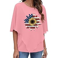 4th of July Womens Chiffon Poncho Tops American Flag Sunflower Short Sleeve Shirts Summer Casual Flowy Blouses