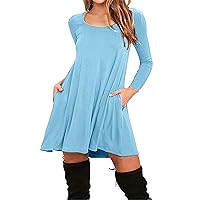 GRASWE Women's Long Sleeve Casual Loose Flowy Solid Color Round Neck T-Shirt Dress