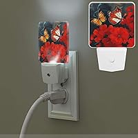 Plug-in Led Night Light Lamp Red Flowers and Butterflies Print Night Light with Dusk to Dawn Sensor Plug in Indoor Decorative Nightlights for Bedroom Hallway Bathroom Kitchen