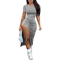 XZLUFNY Women's Sexy Short Sleeve Slit Ruched Drawstring Bodycon Summer Party Dress