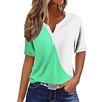 Womens Summer Tunic Tops 2024 Short Sleeve T-Shirts Loose Comfy V Neck Tee Tops Lightweight Color Block Cute Blouses