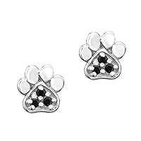 14K White Gold Plated Ct Round Cut Black Cz Paw Print Stud Earrings for Women Best Gifts for Dog Lovers