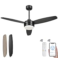 YOUKAIN Ceiling Fan with Lights, 52 Inch Smart Ceiling Fan Remote & APP Control, Reversible Blades with Matte Black/Wooden Finish, Indoor/Outdoor Black Ceiling Fans for Living room, 52-YJ273-BK-SM
