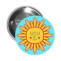 Round Pinback Button Pin Brooch Smiling Yellow Red Flower Sun Symbol Cartoon Emoji Light Blue (2.25