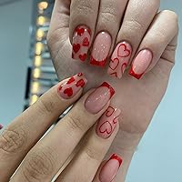 French Tip Press on Nails Medium Length Sqaure Fake Nail Red Love Press on Nail with Heart Design False Nails Full Cover Glossy Acrylic Artificial Nails Valentine's Day Nails for Women and Girls 24Pcs