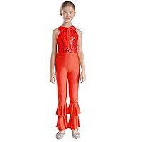 ACSUSS Kids Girls Dance Gymnastics Leotard Full Body Unitard Sparkly Sequin Flared Pants Jumpsuit Jazz Disco Costume