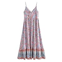 Boho Vintage Floral Print Maxi Sun Dress Sleeveless Rayon Cotton Holiday V-Neck Bohemian Dresses for Women