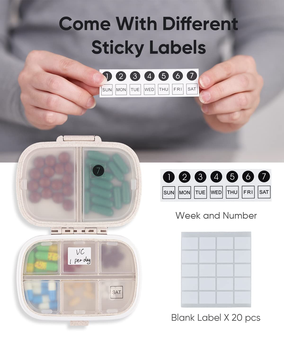 Daily Pill Organizer, 8 Compartments Portable Pill Case, Pill Box to Hold Vitamins, Cod Liver Oil（Khaki）