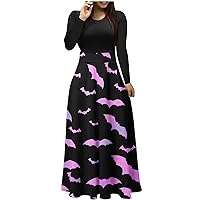 Halloween Dresses for Women Horror Bat Print Cocktail Party Maxi Prom Dress Round Neck Long Sleeve Club Dresses