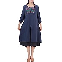 Women's Casual Vintage Long Sleeves Embroidered Two-Layer Loose Cotton Linen Midi Dress
