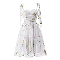 Elegant Puffy Sleeve Tulle Prom Gown Floral Embroidery Evening Dress Tea-Length Formal Party Dress with Lace-Up Back