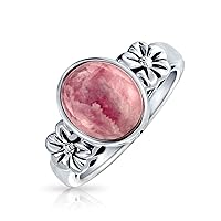 Bling Jewelry Flower Bezel Oval Gemstone Pink Rhodochrosite Boho Fashion Ring Band For Women For Teen .925 Sterling Silver