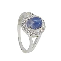 GEMHUB Oval Shape 3.5 Ct Halo Style Natural Blue Star Sapphire 925 Sterling Silver Engagement Ring for Valentines