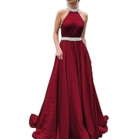 Women's High Neck Beaded Crystal Prom Dresses Backless Formal Evening Party Gown
