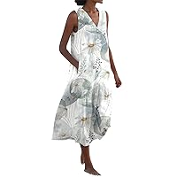 Women's Summer Maxi Dress Solid Sleeveless V Neck Button Down with Pockets Swing Flowy Sundress Print Casual Dresses