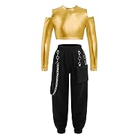 YiZYiF Kids Girls Hip Hop Clothes 2 Piece Outfits Metallic Long Sleeve Crop Tops Cargo Pants Set Jazz Street Dancewear