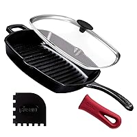 Cuisinel Cast Iron Square Grill Pan + Glass Lid + Pan Scraper + Handle Cover - 10.5