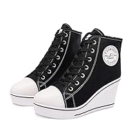 Mei MACLEOD Women's Canvas Shoes High Heel Wedge Sneakers High Top Sneakers Casual Lace Up Shoes for Teen Girls College Student
