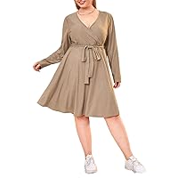 Plus Size Long Sleeve V-Neck A-Line Dress Women Belt Front Fit Flare Midi Dress Wrap Party Dress