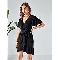 Women's Casual Dresses Floral Flutter Sleeve Belted Wrap Dress Charming Mystery Special Beautiful (Color : Black, Size : X-Small)
