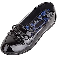 Junior Childrens Girls Formal Black Patent Slip On School Loafer Shoes with Bow