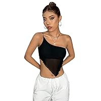 Women's Tops Women's Shirts Sexy Tops for Women One Shoulder Asymmetrical Hem Crop Mesh Top