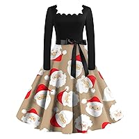 Red Dress Women Women's Casual Fashion Christmas Printed Square Neck Vintage Dresses