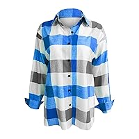 Women's 44989 Sleeve Tops Casual Fashion Loose Check Print Blouse with Long Sleeves Tops Casual, S-5XL