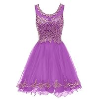 Short Cocktail Party Dresses for Women Tulle Gold Appliques Prom Gown Purple 18W