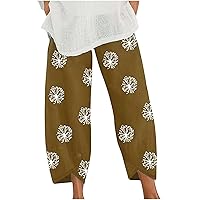 Flare Wide Leg Long Bootcut Leg Pants for Women Fall Summer Linen Dandelion Floral Print Loose Fit Pants Women 2024