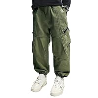 YiZYiF Boys Cargo Joggers Pants Loose Jogging Bottoms Outdoor Hiking Baggy Trousers School Uniform Sweatpants Army Green 7-8 Years