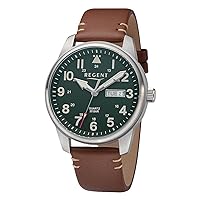 REGENT Men's Watch Day Date Brown Leather Strap Diameter 41 mm, silver, Military