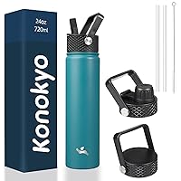 Insulated Water Bottle with Straw,24oz 3 Lids Metal Bottles Stainless Steel Water Flask,Light Blue