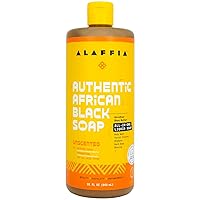 Alaffia Skin Care, Authentic African Black Soap, All in One Liquid Soap, Moisturizing Face Wash, Sensitive Skin Body Wash, Shampoo, Shaving Soap, Shea Butter, Unscented, 32 Fl Oz