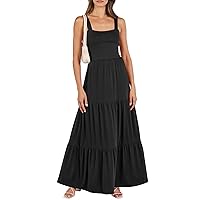 Womens Summer Beach Dress Square Neck Flowy Tiered Tank Long Dress Casual Backless Vacation Maxi Sundress with Pockets