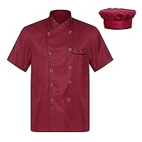 Mens Chef Jacket Coat Shirt with Hat Short Sleeve Bakery Canteen Cook Uniform Work Shirt with Hat
