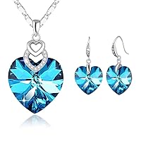PLATO H Blue Heart Necklace and Earrings Bundle Crystals for Women Girl with Gift Box